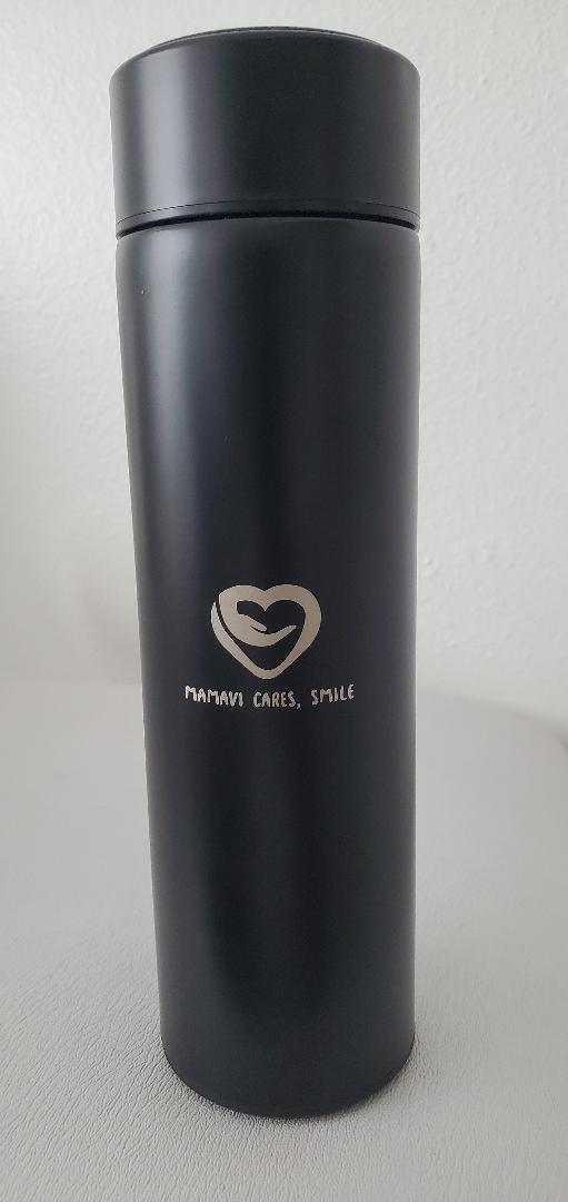 500ML Mamavi Cares, Smile.  Vacuum Insulated  Coffee, Tea, hot/ cold water Bottle- With Temperature Displayed. Double-Wall Stainless Steel with Filter.