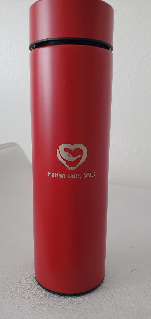 500ML Mamavi Cares, Smile.  Vacuum Insulated  Coffee, Tea, hot/ cold water Bottle- With Temperature Displayed. Double-Wall Stainless Steel with Filter.