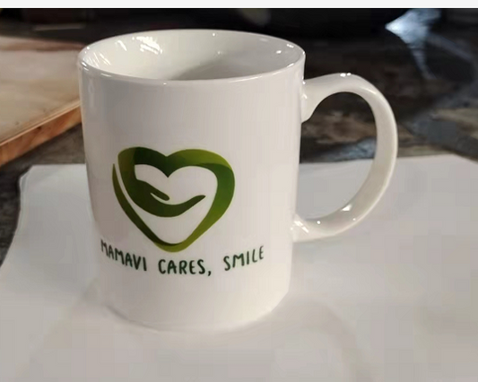 Mamavi cares, smile. white  ceramic mug. 350ml